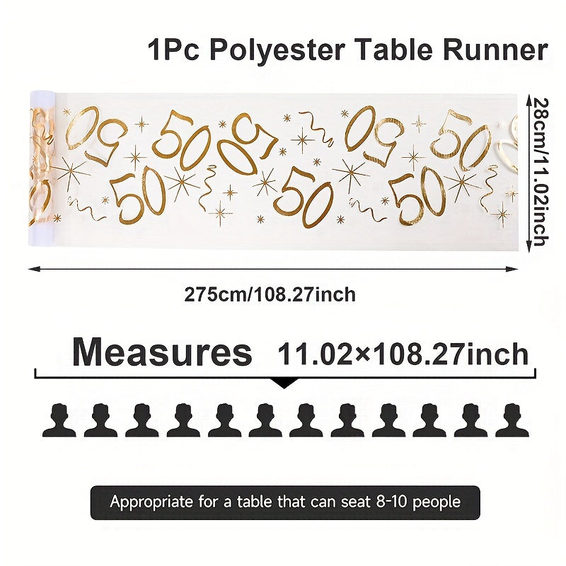 Polyester table runner with golden stamping for milestone celebrations. Perfect for anniversaries, retirement parties, and milestone birthdays. Comes in a rectangular shape.