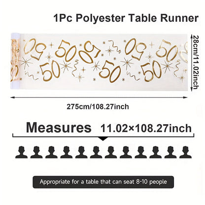 Polyester table runner with golden stamping for milestone celebrations. Perfect for anniversaries, retirement parties, and milestone birthdays. Comes in a rectangular shape.