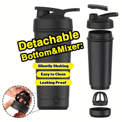 Stainless steel protein shaker bottle (27oz) with removable mixing ball. BPA-free, easy to clean, and portable for gym and sports.