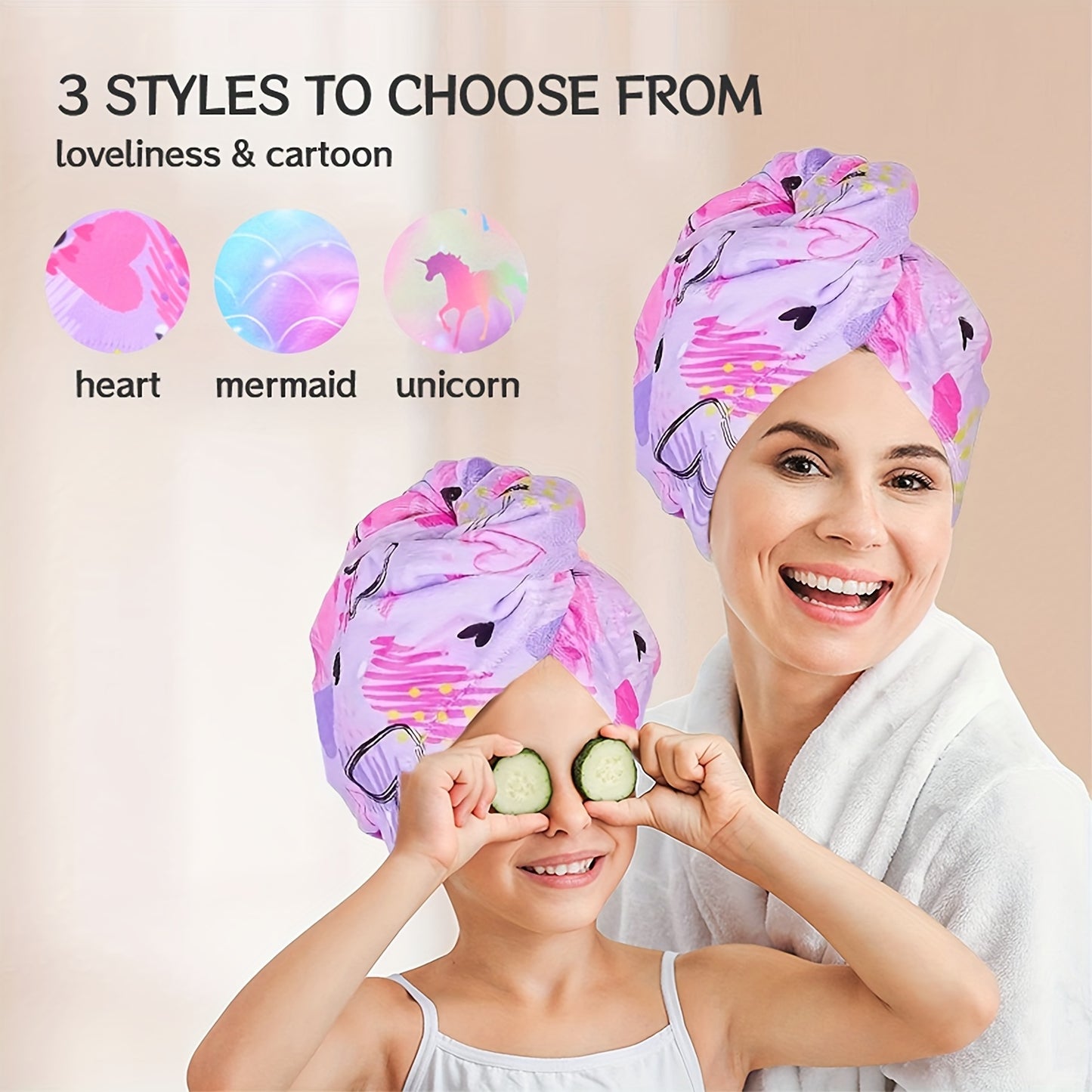 Printed microfiber hair towel for kids with quick-drying soft fabric, and button hair bandana for girls to wrap wet hair in salon.