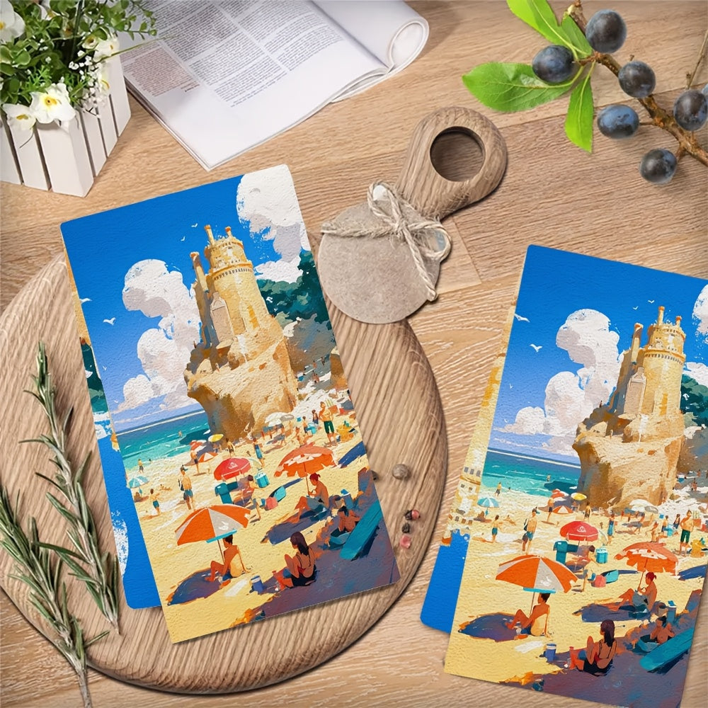 2 pieces of ultra soft kitchen towels, perfect for a day spent at the beach building sandcastles and swimming. These highly absorbent dish hand towels are ideal for holiday decor. Machine washable and measuring 16x24 inches. Item number: 2KYSMF1214209