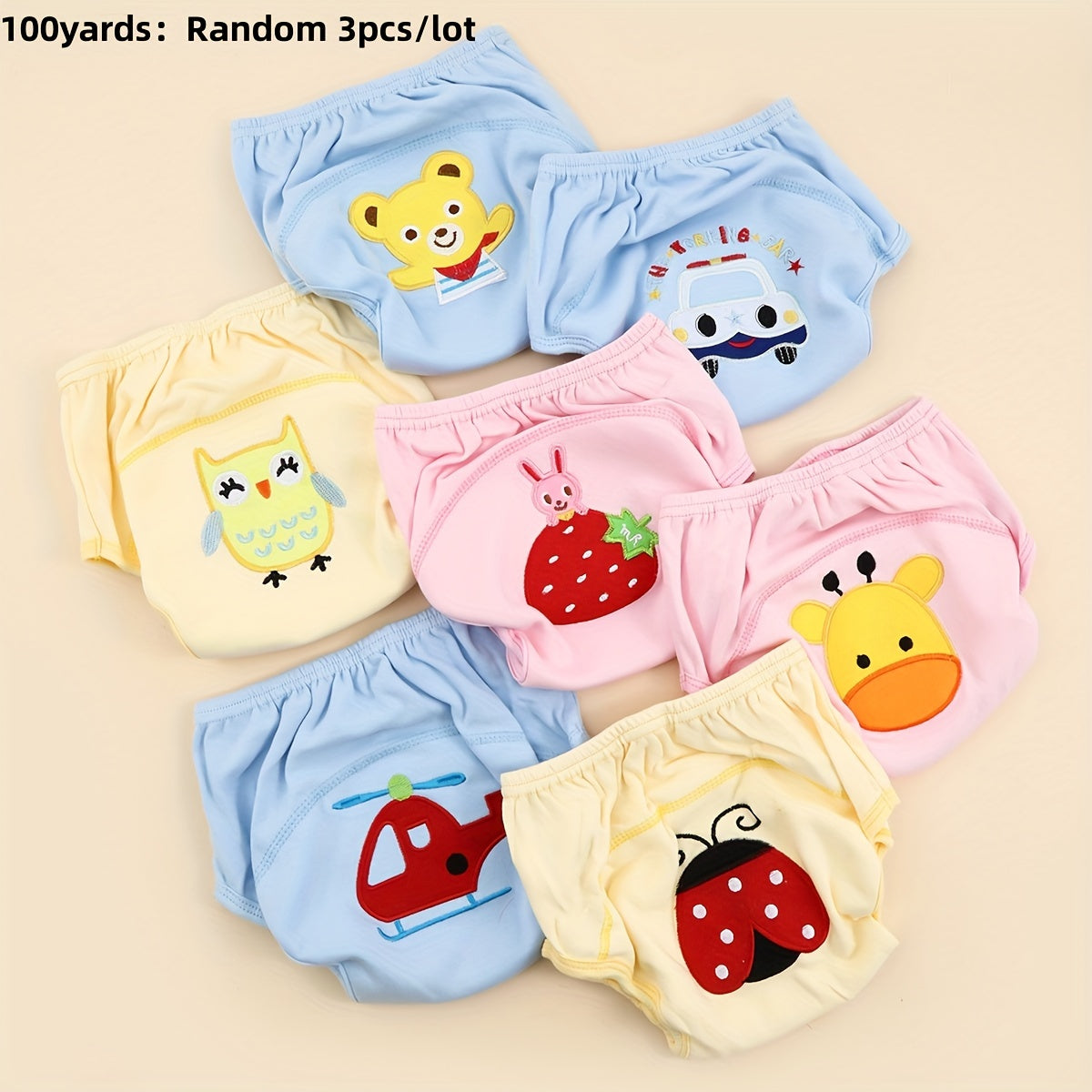 Set of 3 Washable Cotton Training Underwear for Baby Toddlers, Leakproof Potty Learning Pants with Breathable Fabric, Suitable for Infants Aged 0-3 Years - Assorted Designs