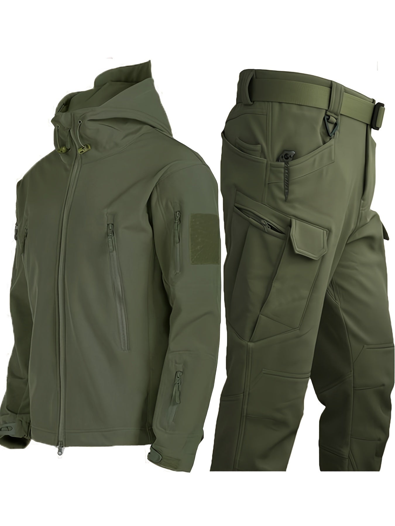 Men's outdoor thermal outfit with softshell jacket and cargo pants, ideal for outdoor activities.