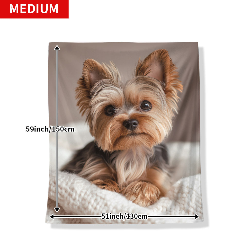 Soft and warm Yorkshire Terrier pattern flannel throw blanket. This quilted, knit polyester blanket features a digital print and is suitable for all-season use. Perfect for napping, camping, travel, and can be used as a decorative piece in your home or