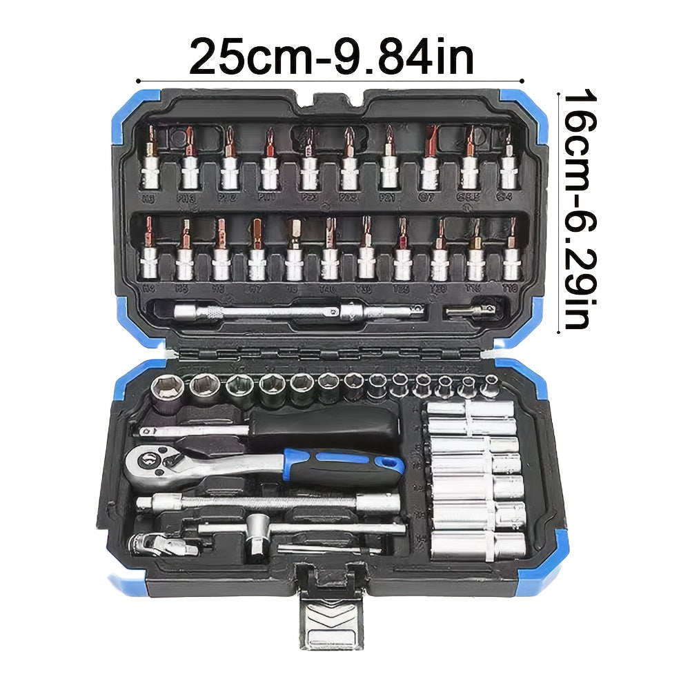 High-end Professional 53&46pcs 1/4 inch Drive Tool Set for automotive and home repair, includes ratchet wrench, metric sleeves, and extension bar with storage box.