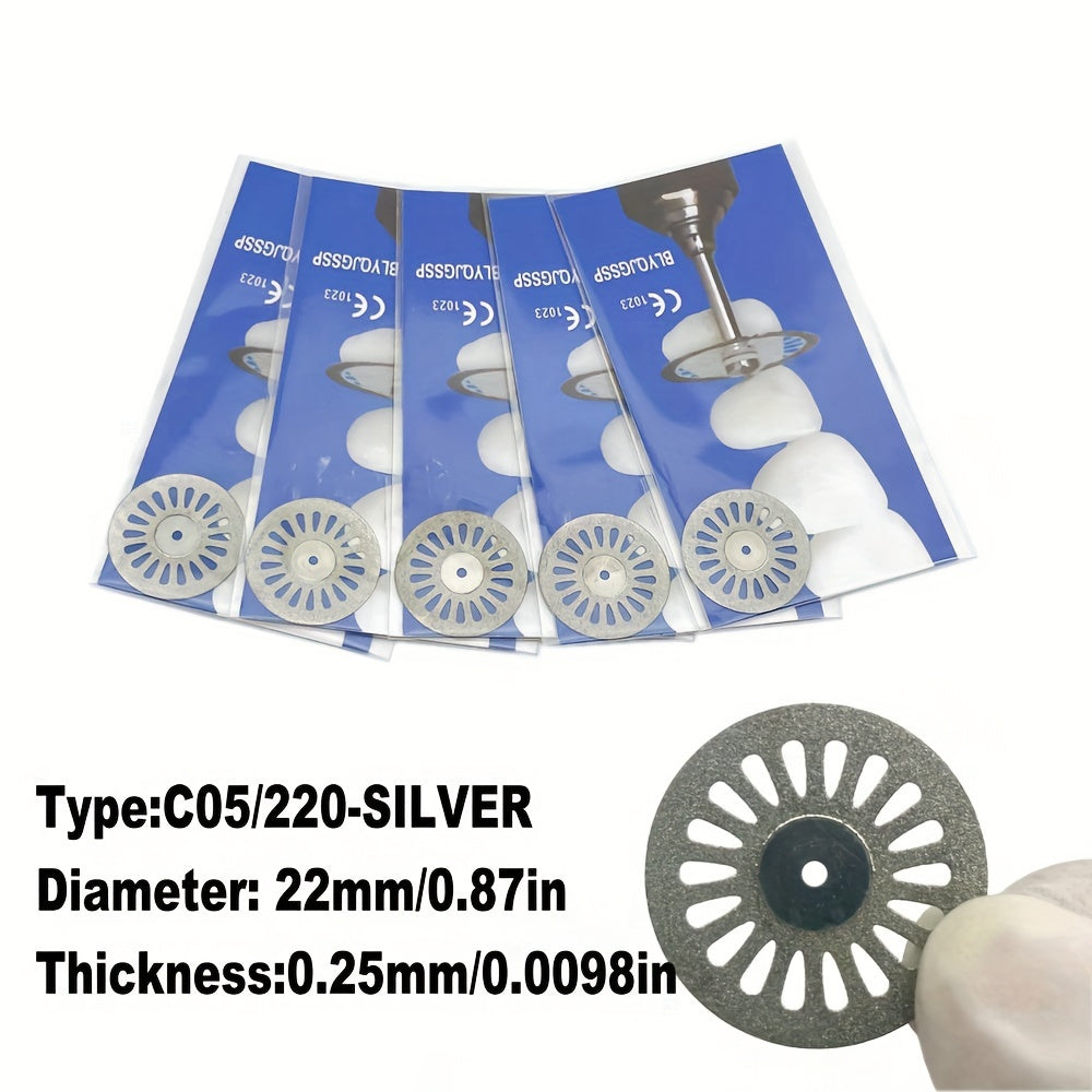 Five dual-sided diamond cutting discs for dental labs, in silver or golden, for high precision grinding and polishing.