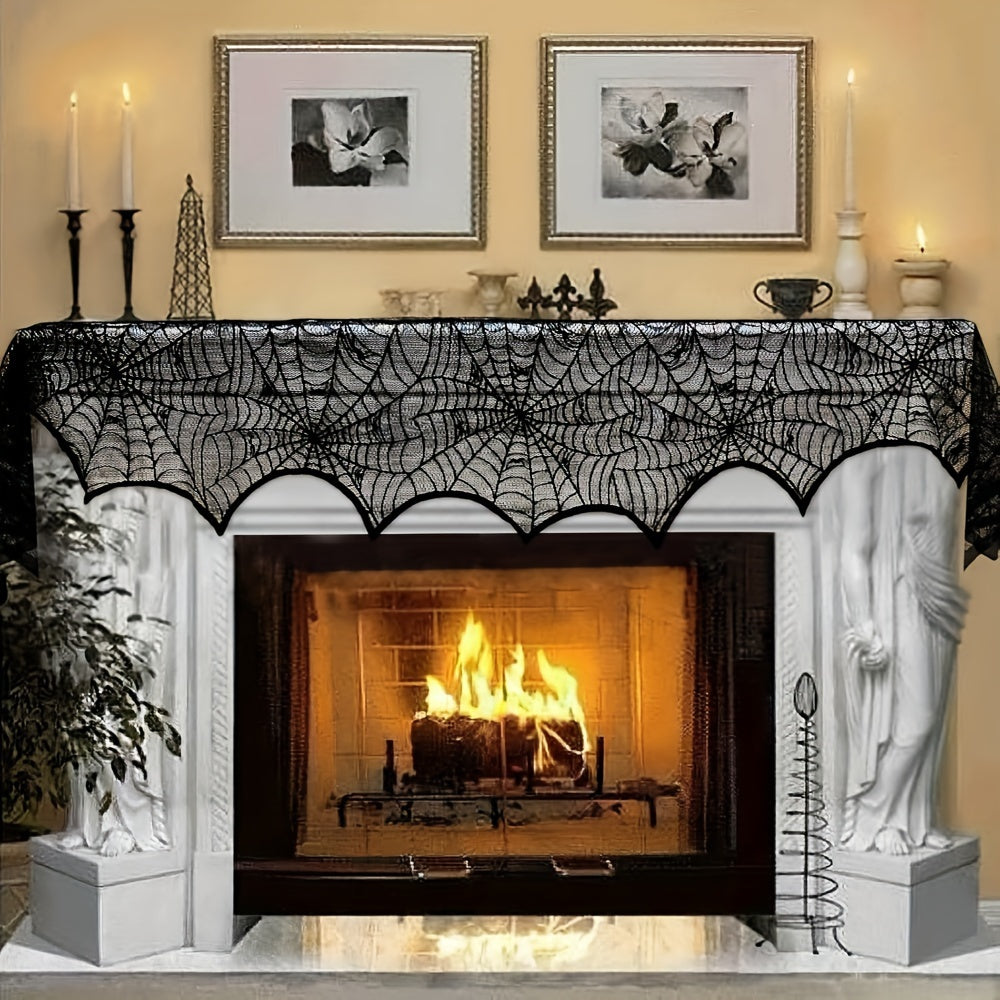 Black lace fireplace scarf with spiderweb design for Halloween - Decorative mantel cover to accessorize your fireplace - Perfect for seasonal festivities and parties - Measures 50.8x200.66 cm