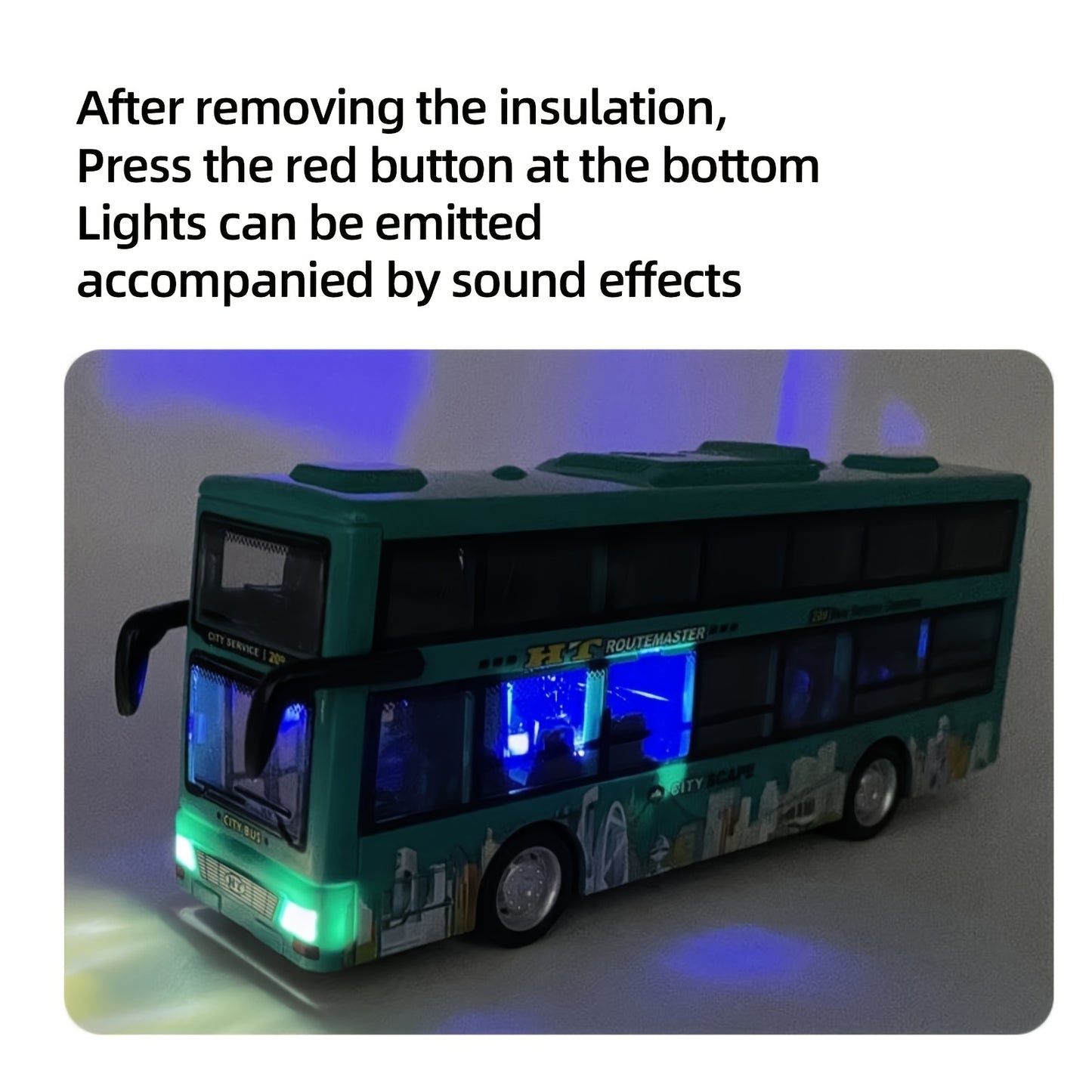 Battery-powered toy Routemaster Double Decker Bus for kids, with realistic sound and flashing lights. Push-operated with non-rechargeable button battery included. Suitable for ages 3-6