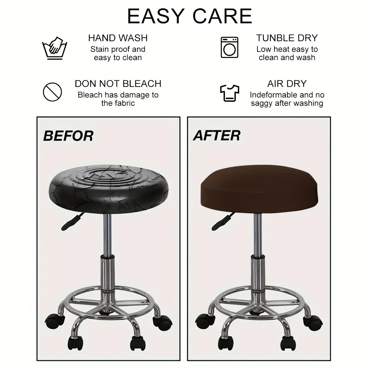 Classic solid color round stool cover in 1pc, 4pcs, or 6pcs options. Made of high elastic material that is clear and natural, dustproof, soft, and adhesive. Suitable for various round chairs. Weighs 120gsm.