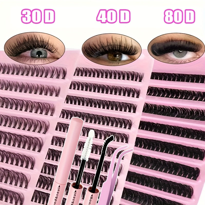 200-piece DIY Eyelash Extension Kit with mixed lengths (8-16mm) in different styles for various makeup looks. Includes natural, thick, extra thick, and cat eye options that are soft