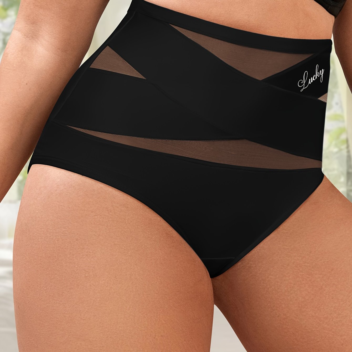 Breathable mesh underwear for plus-size women with high waist and body shaping control, seamless design for sculpting and lifting.