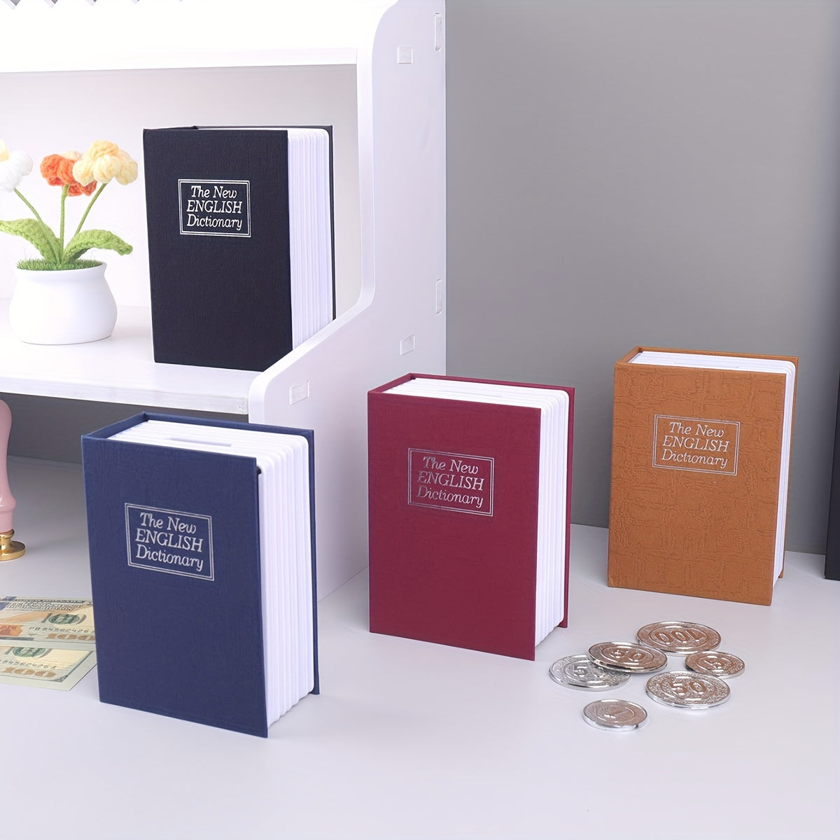 Book safe with key lock, coin slot - money storage container for home, unique gift.