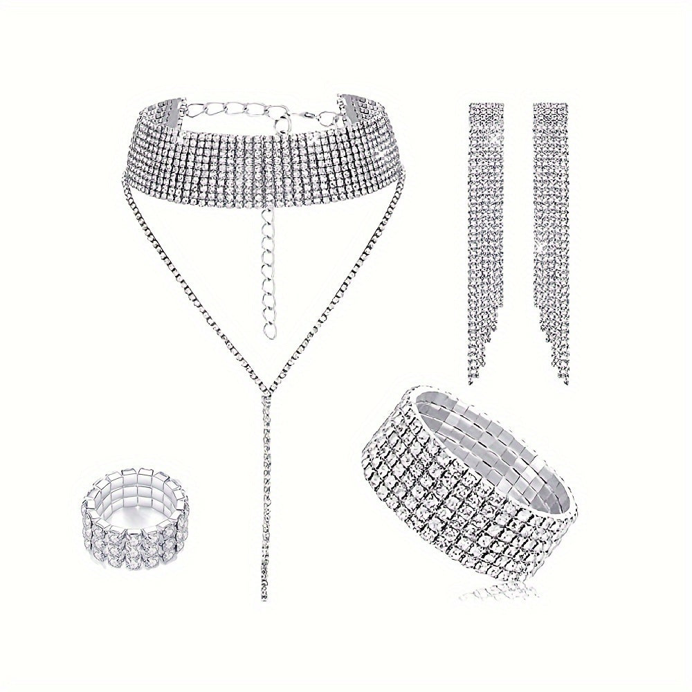 This luxurious jewelry set includes one pair of earrings, one bracelet, one ring, one necklace, and one purse. Each piece is elegantly designed with silver plating and adorned with sparkling rhinestones for a truly stunning look.