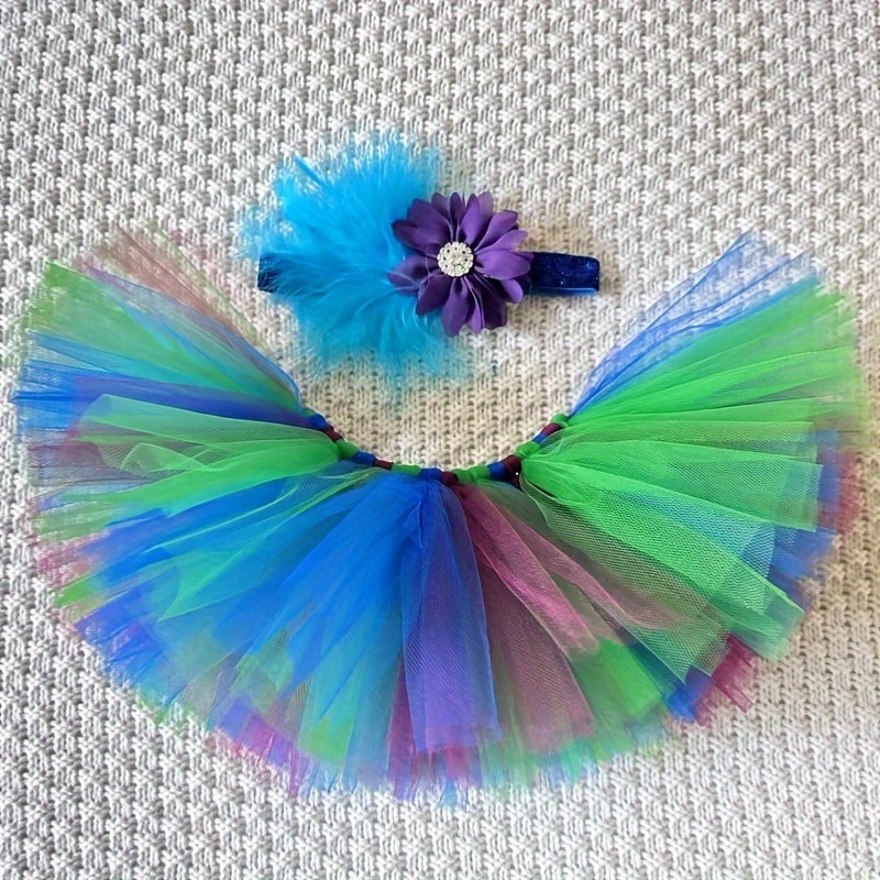 Set of infant ballet tutu skirt and feather headband, featuring colorful tulle. Perfect for newborn photo shoots, girls' birthday ballet costumes, and baby gift sets. Comes in mixed colors.