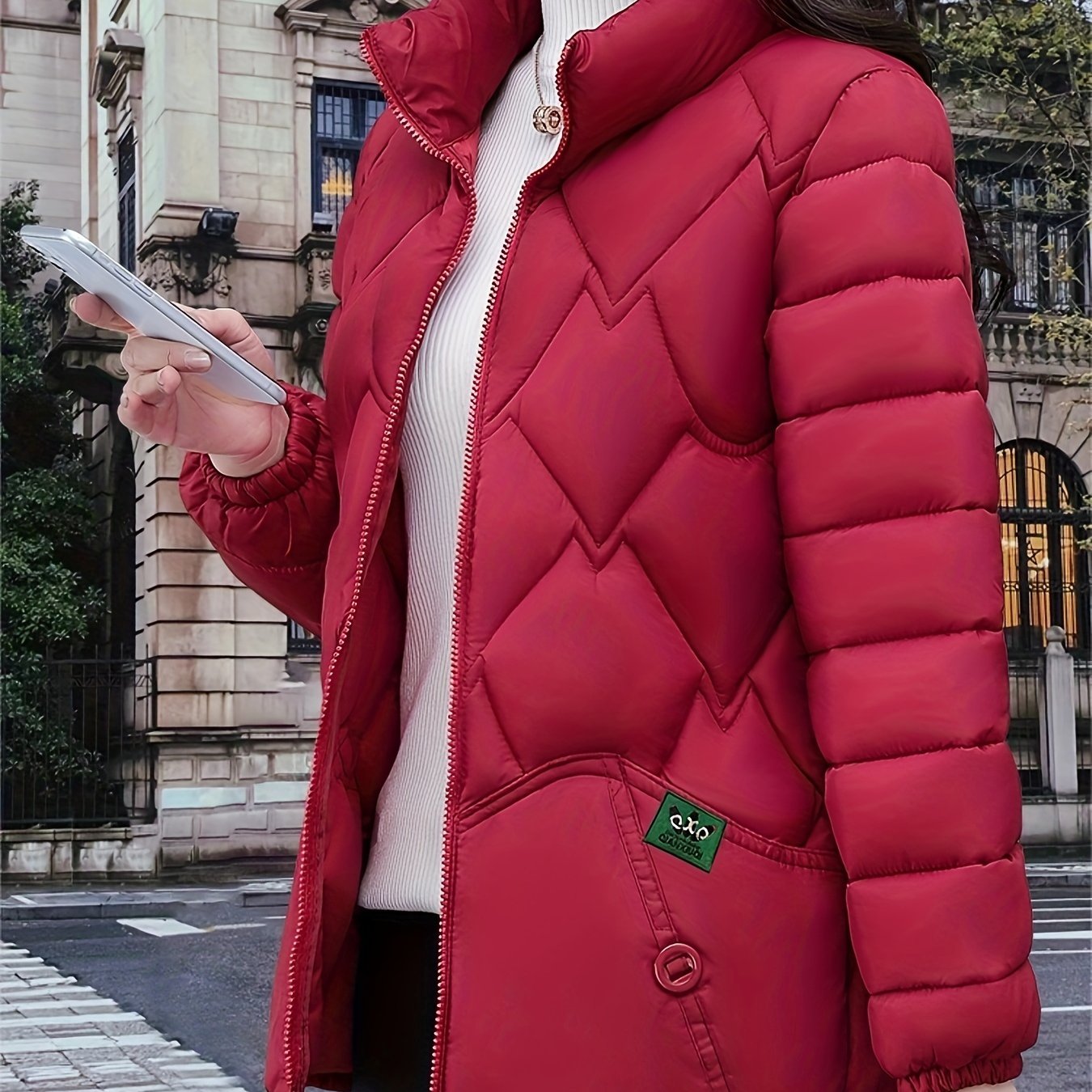 Plus Size Middle-Eastern Style Polyester Puffer Coat with Embroidered Details for Winter.