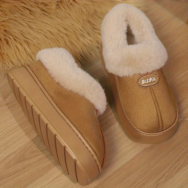 Women's preppy solid color slip on furry slippers with soft warm fleece, round toe, EVA sole, fabric upper and inner material, all-season casual wear.