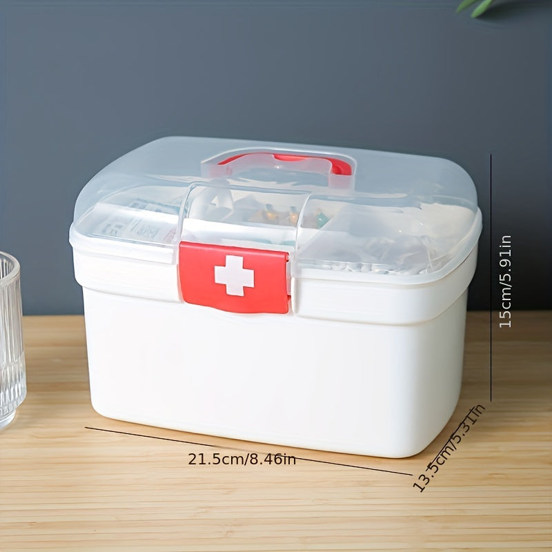 Large capacity, handheld plastic medical emergency kit with multiple compartments for home, restaurant, or outdoor use.