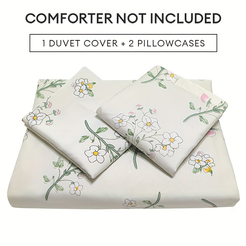 Set of 3 Floral Duvet Covers, Featuring Fresh Green Leaves and White Flower Pattern, Soft and Hypoallergenic Bedding, Set includes 1 Duvet Cover and 2 Pillowcases (Core not included)