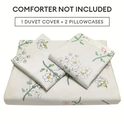 Set of 3 Floral Duvet Covers, Featuring Fresh Green Leaves and White Flower Pattern, Soft and Hypoallergenic Bedding, Set includes 1 Duvet Cover and 2 Pillowcases (Core not included)