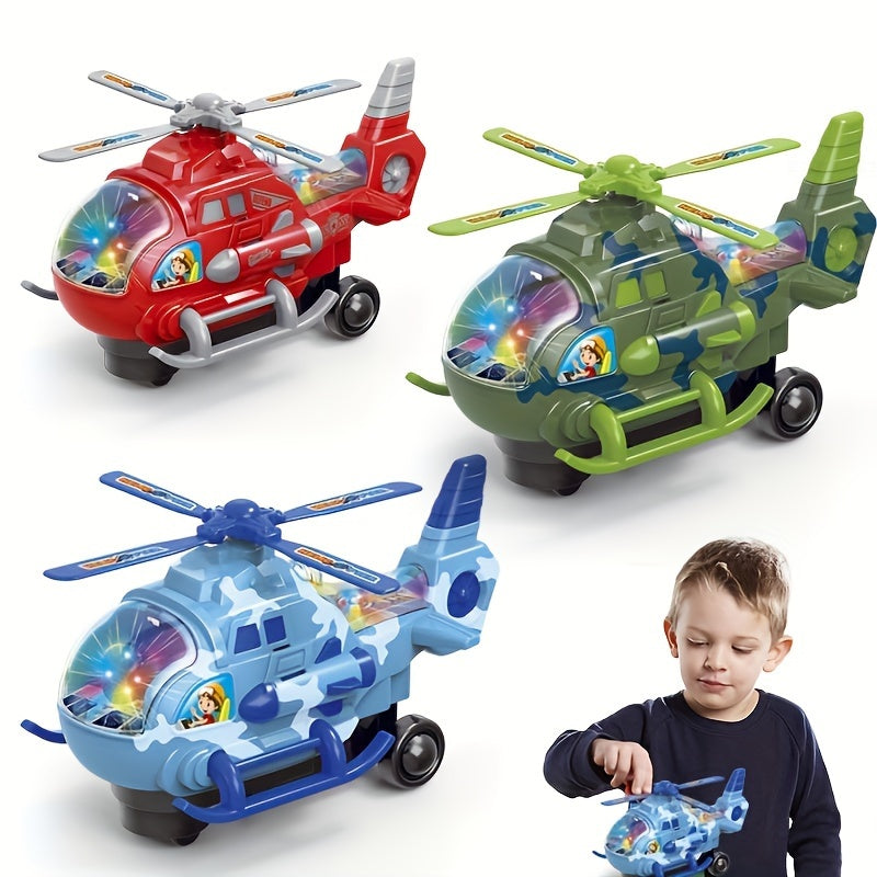 Toy electric helicopter for kids with lights and music, can rotate 360 degrees, made of sturdy plastic, perfect for boys and girls, great for holidays and playtime.