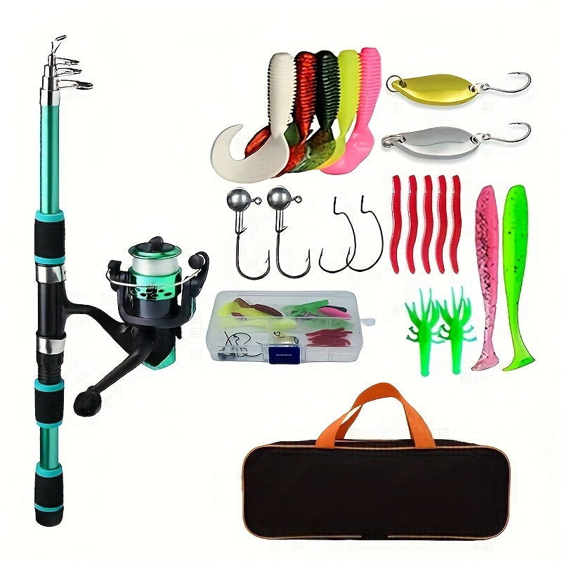 Telescopic fishing rod/spinning reel set with baits, hooks, and storage bag.