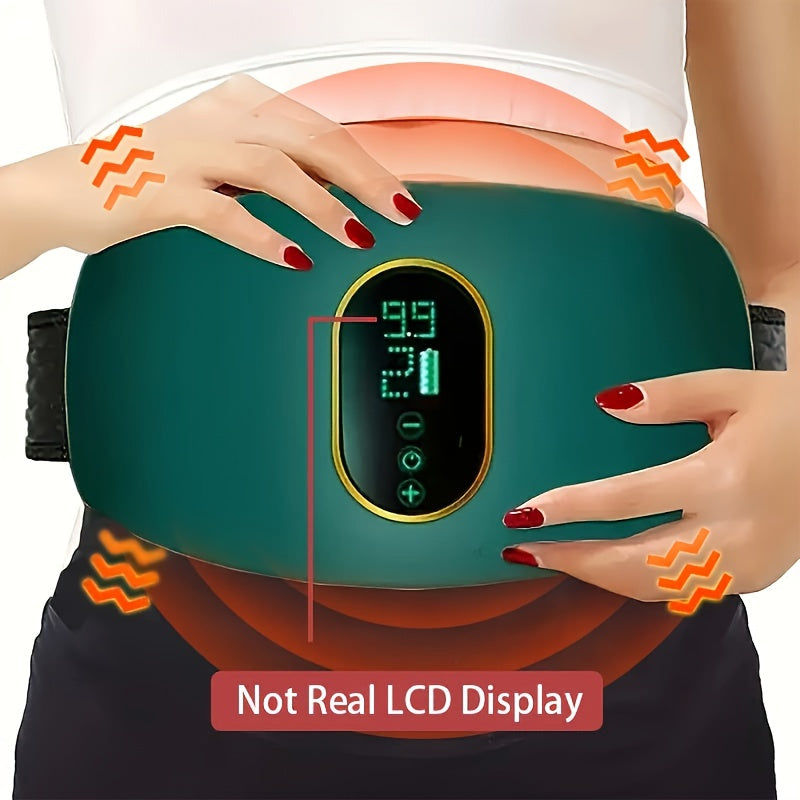 Adjustable vibration heating waist trainer, made of elastomer material with USB charging. Comes with a 250mAh lithium battery, ideal for home use (adapter not included).