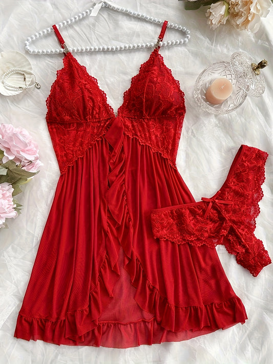 Stylish lace slip dress pajama set with V-neck, backless design, ruffle hem, and shorts. Made of breathable polyester blend, suitable for all seasons.