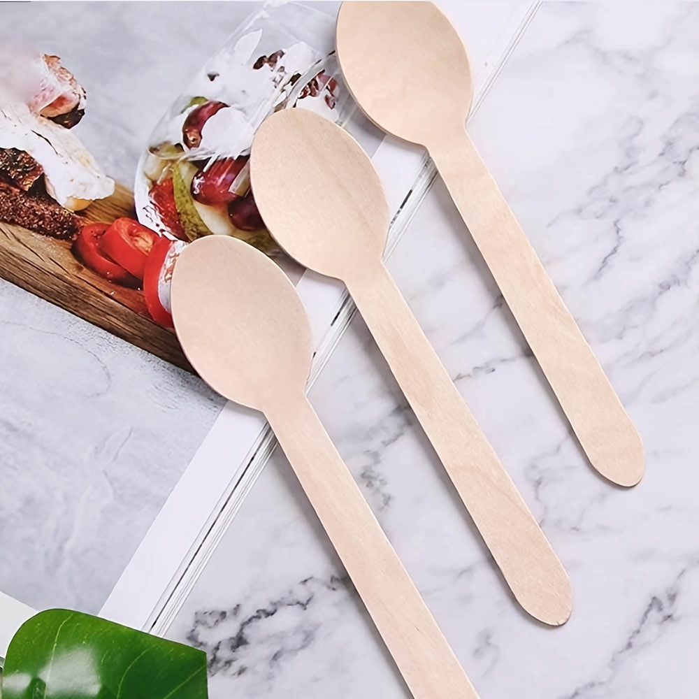 Set of 100 Disposable Birch Wood Tableware - Includes Wooden Spoons measuring 13.97cm - Ideal for Outdoor Events, Parties, Weddings, Valentine's Day, Thanksgiving, and Dinner Parties - Great for Christmas and Thanksgiving Celebrations