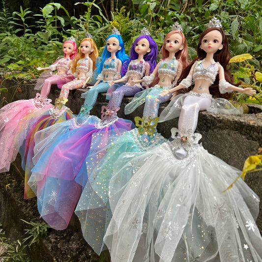 44.98cm Princess Mermaid Doll with PVC body, realistic eyes, movable joints, dress-up accessories, perfect for girls' birthday gift, playtime, and room decor.