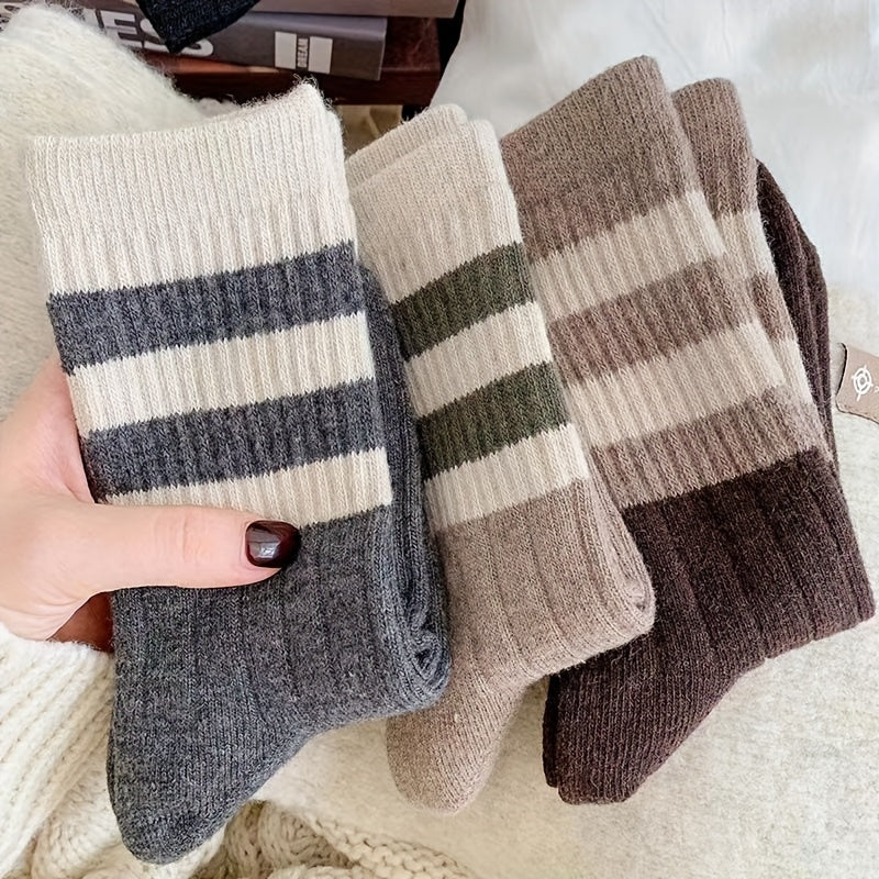 5 Striped Mid-Calf Socks for Women - Soft Polyester/Spandex Blend for Fall/Winter