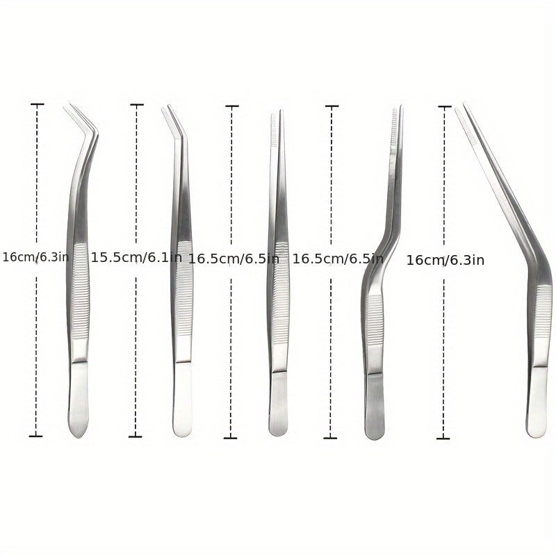 Set of 5 stainless steel kitchen tweezers, ideal for professional chefs to use for plating, handling seafood, grilling, and performing precise culinary tasks. These versatile kitchen tools are perfect for a variety of tasks and kitchen gadgets.