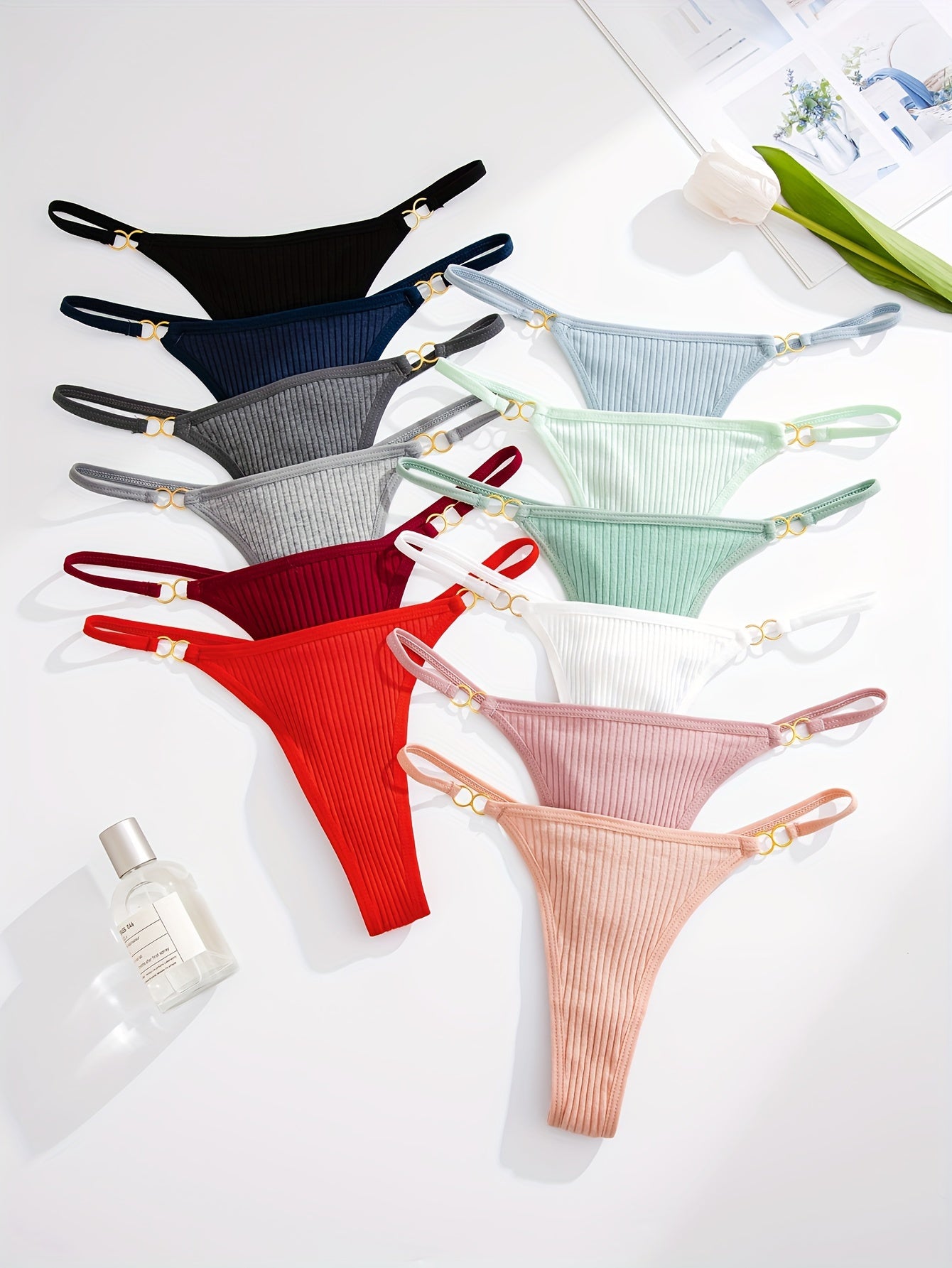 12 sexy ribbed thongs with ring-linked low waist V-strings, women's lingerie & underwear.