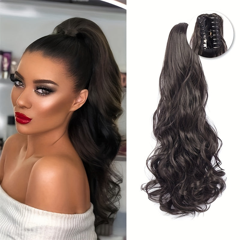 Stylish synthetic ponytail extension with long, curly waves and chic claw clip for women.