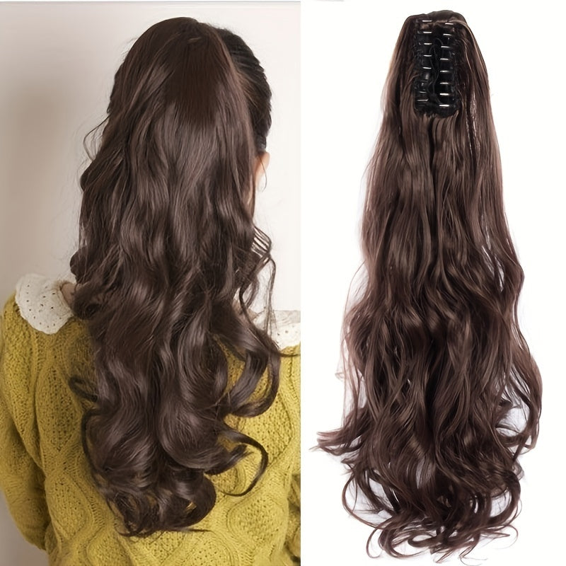 Stylish synthetic ponytail extension with long, curly waves and chic claw clip for women.