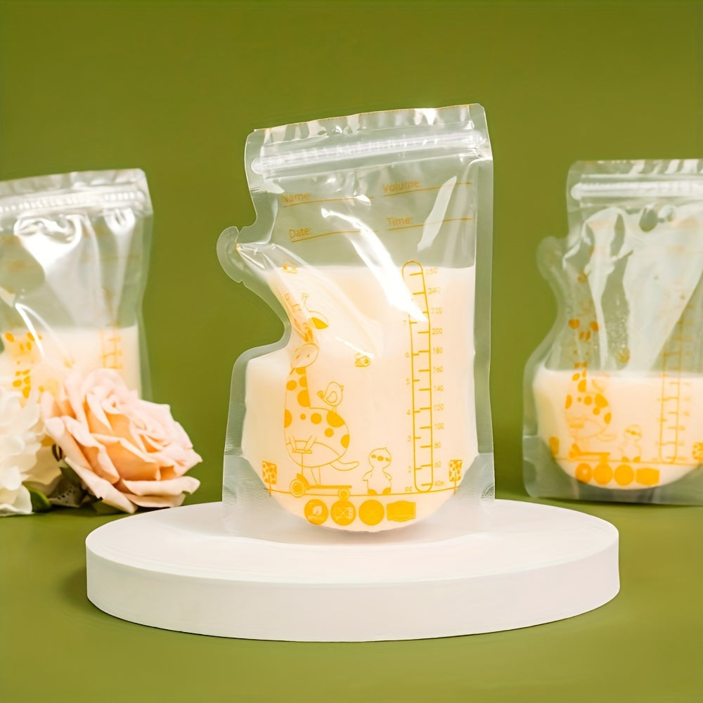 100 pieces of breastmilk storage bags, each bag is 8 ounces and BPA free. These bags have a pouring mouth for easy access during breastfeeding. They are ready-to-use and self-standing, saving space with their flat design. Perfect for breastfeeding