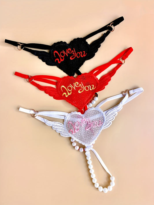 3 Elegant heart chain thongs with 'LOVE YOU' embroidery, perfect for Valentine's Day. Made from soft polyester and spandex blend.