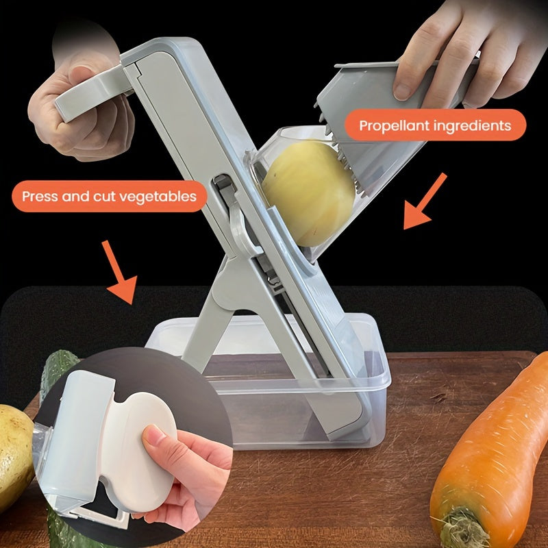 A versatile kitchen tool, the vertical mandoline slicer comes with three interchangeable blades for adjustable slicing thickness. This slicer also includes a convenient container for easy storage of sliced fruits and vegetables. Designed for cutting a