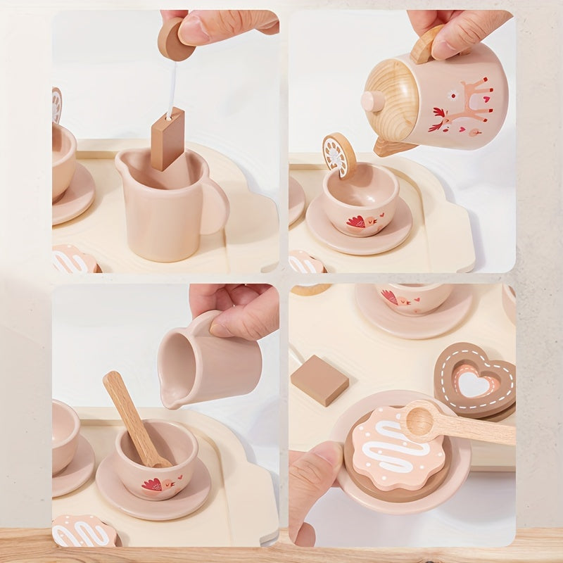 Wooden tea set for little girls, children's tea parties and toy kitchen role-playing.