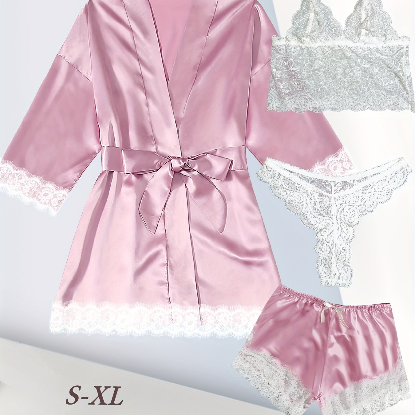 Satin lounge set with lace, robe, cami bra, thongs, and shorts for women.