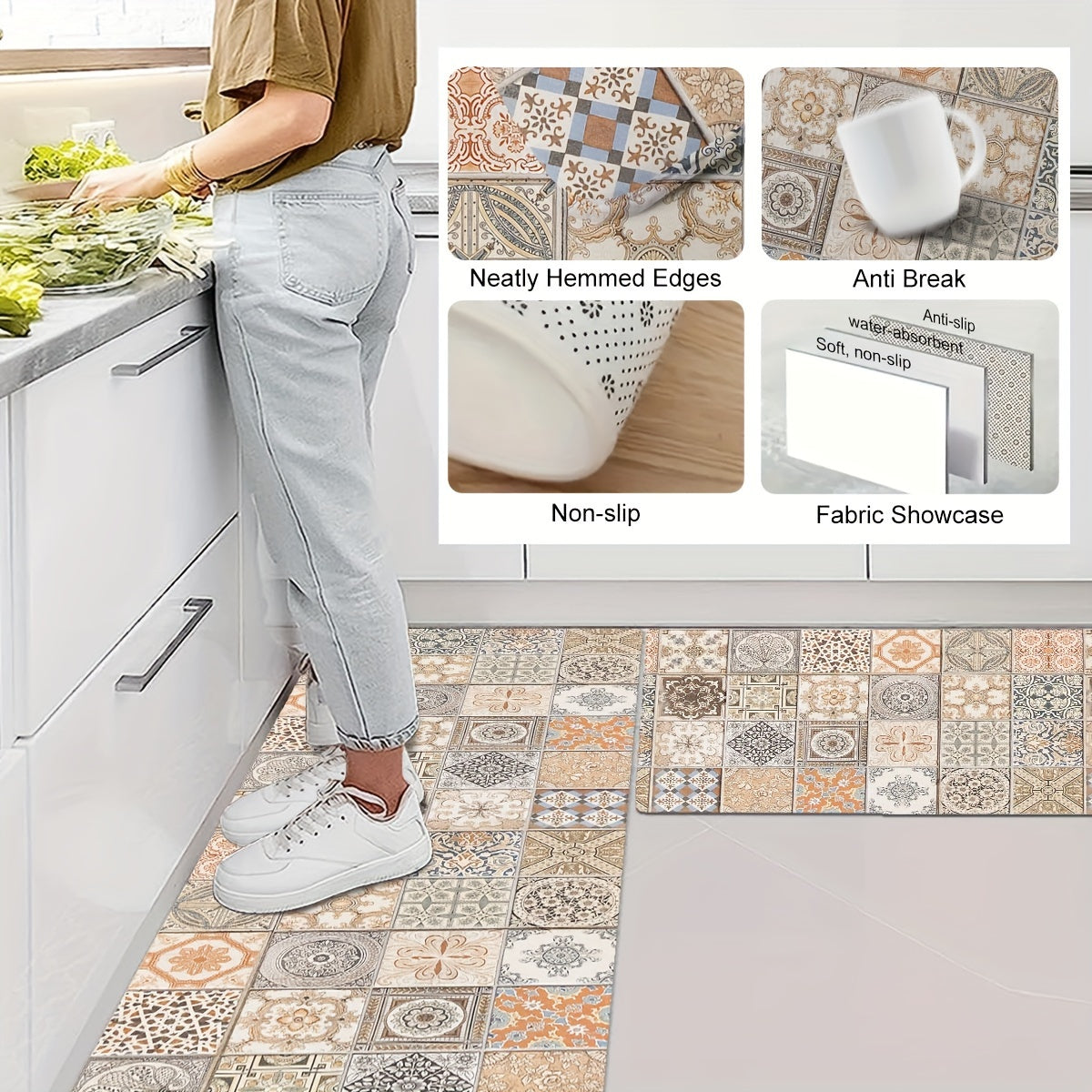 Bohemian floral puzzle kitchen floor mat - non-slip polyester, ideal for kitchen, living room, entrance balcony, home decor.