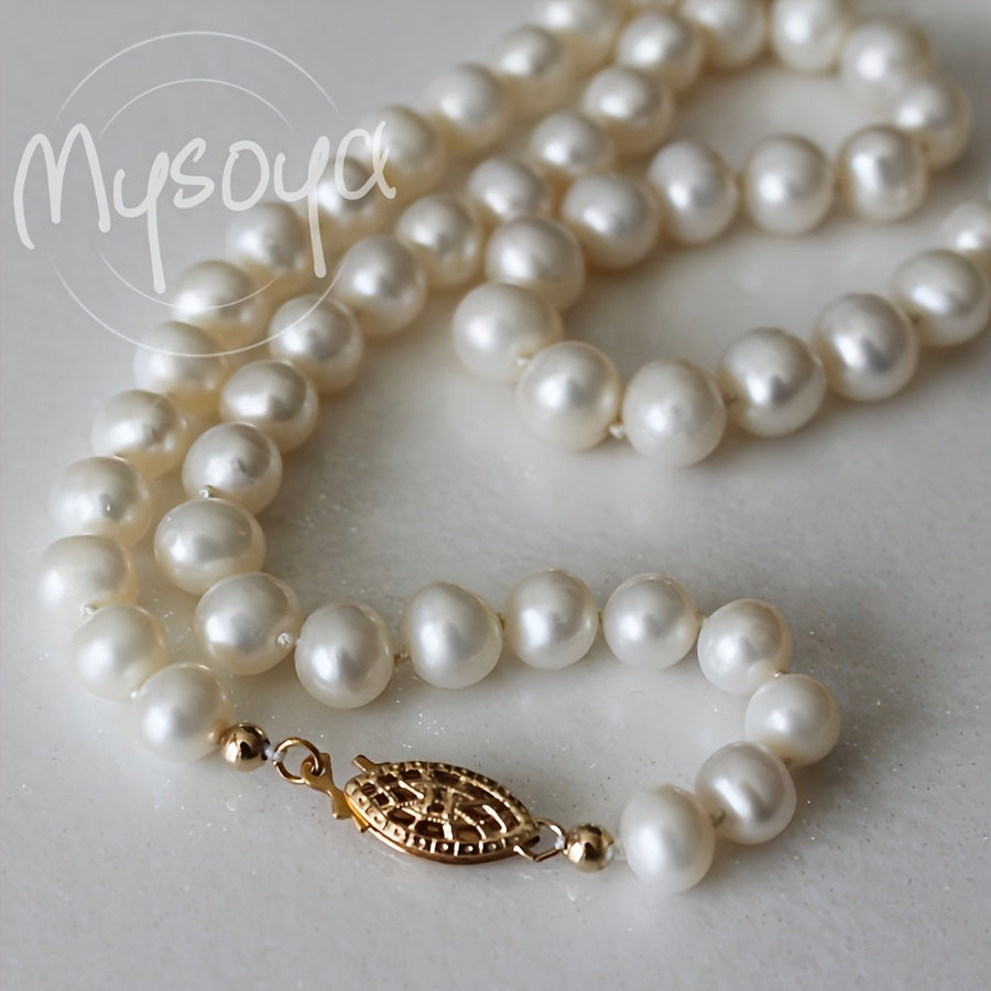 Handmade Freshwater Pearl Necklace with Openwork Clasp - 7-8mm, Elegant and Luxurious, June Birthstone, Versatile for Daily Wear or Wedding, MYSOYA Brand, Comes in Beautiful Gift Box - Perfect Christmas Gift for Him or Her.