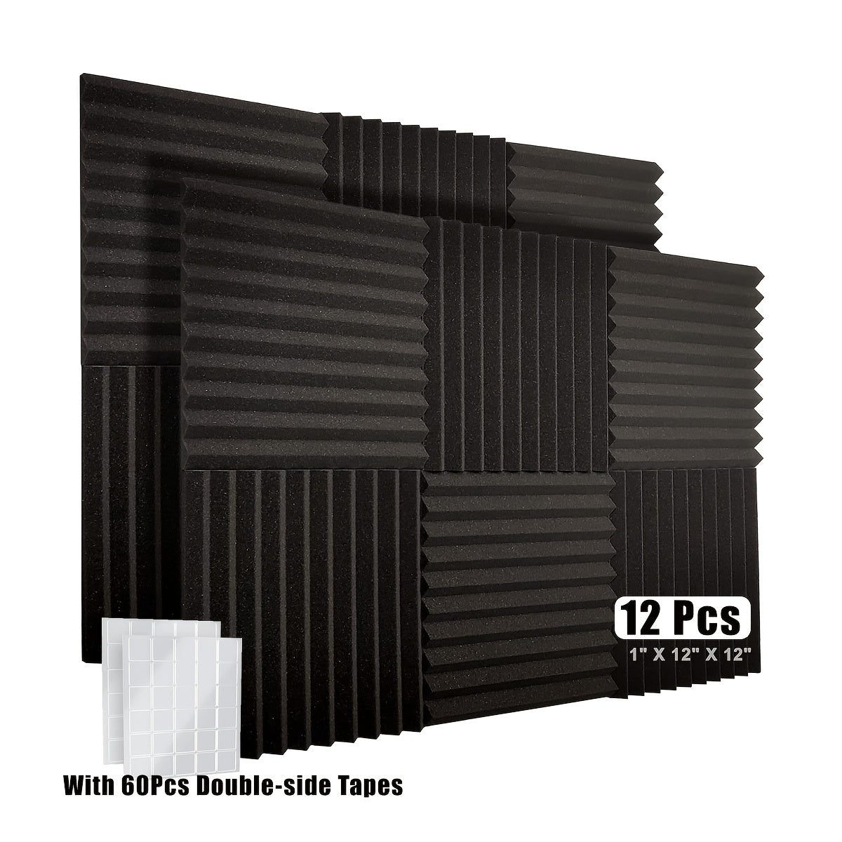 Acoustic foam panels in varying quantities and sizes, with double-sided adhesive for soundproofing, in black, for recording equipment accessories and noise reduction.