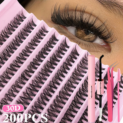 200pcs DIY Eyelash Extension Kit with mixed 8-16mm lengths, waterproof faux mink lashes suitable for all eye shapes. Soft, comfortable, and easy to apply for beginners, reusable with