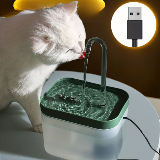 USB-powered pet water fountain for cats and dogs with adjustable flow valve, no batteries required. Made of food-grade PP material, durable and modern. Provides indoor hydration for pets.