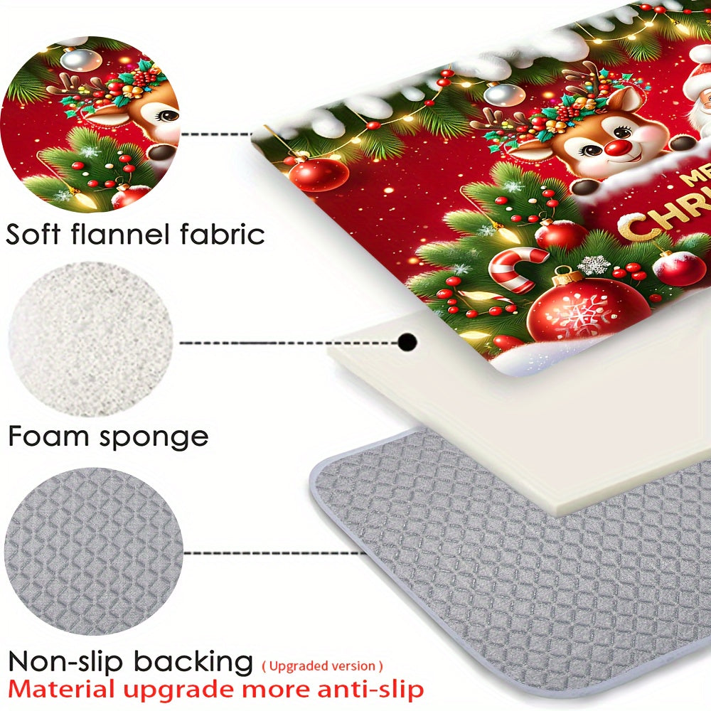 Get into the holiday spirit with this festive red flannel Christmas carpet featuring a non-slip Santa Claus and reindeer pattern. This thickened sponge carpet is perfect for adding a touch of Christmas cheer to your home decor. Use it as a door mat