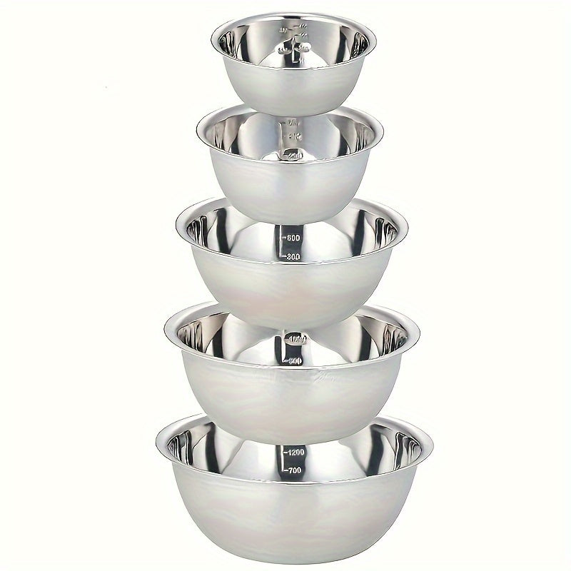 Set of 3 stainless steel mixing bowls with scales, ideal for cooking, baking, meal prep, and various kitchen tasks. Versatile for use as a cooking basin, washing bowl, fruit bowl, noodle bowl, and more. Essential kitchen accessories perfect for back to