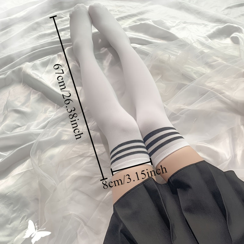 Two-pack of unisex preppy style over-the-knee socks, made of high elasticity polyester knit fabric for adults. Hand washable.