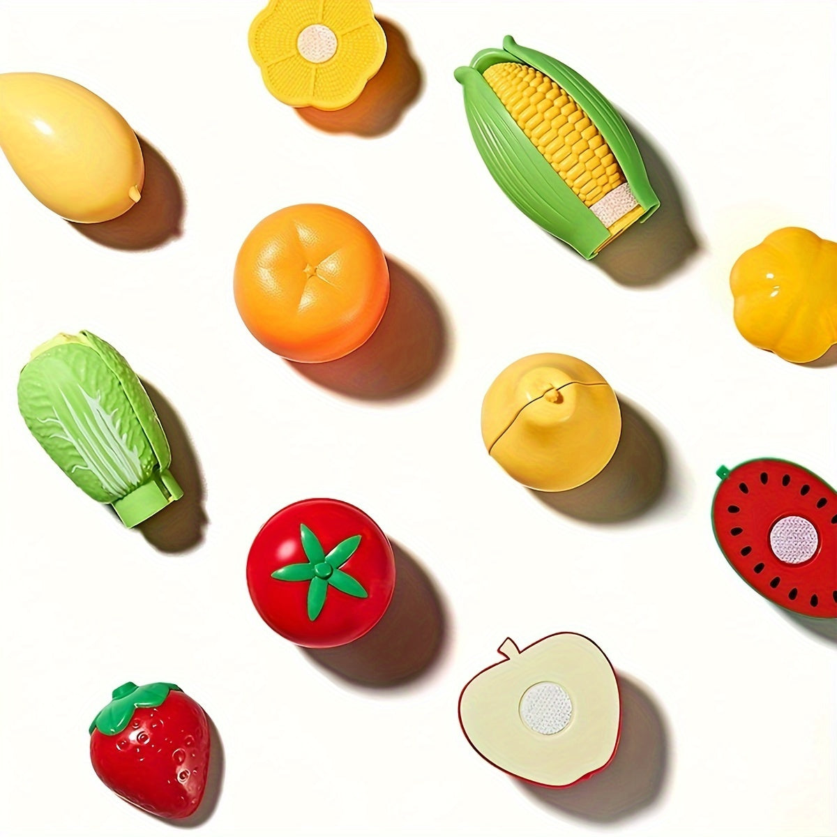 Reusable kitchen toys set includes 9 or 24 pieces of fruit and vegetable cutting toys made of plastic.