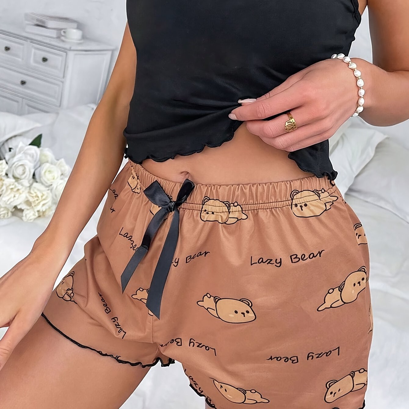 Women's Comfy Bear Pattern Sleep Shorts with Frill Trim and Bow Tie