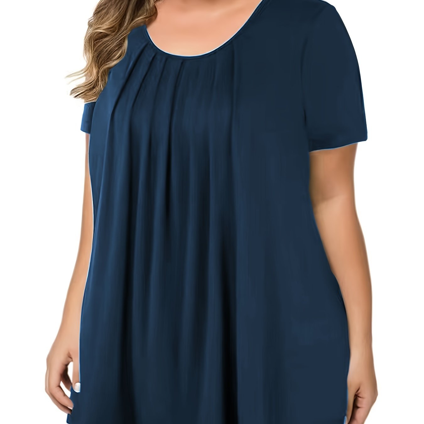 Loose-fitting round neck top for plus-size women.